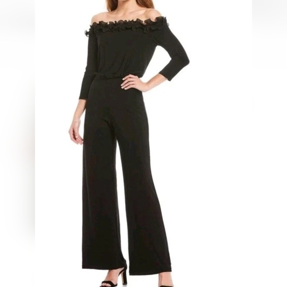 Adrianna Papell Pants - Adrianna Papell Women Jumpsuit Sz 2 Black Chiffon Ruffle Wide Leg NWT Cocktail